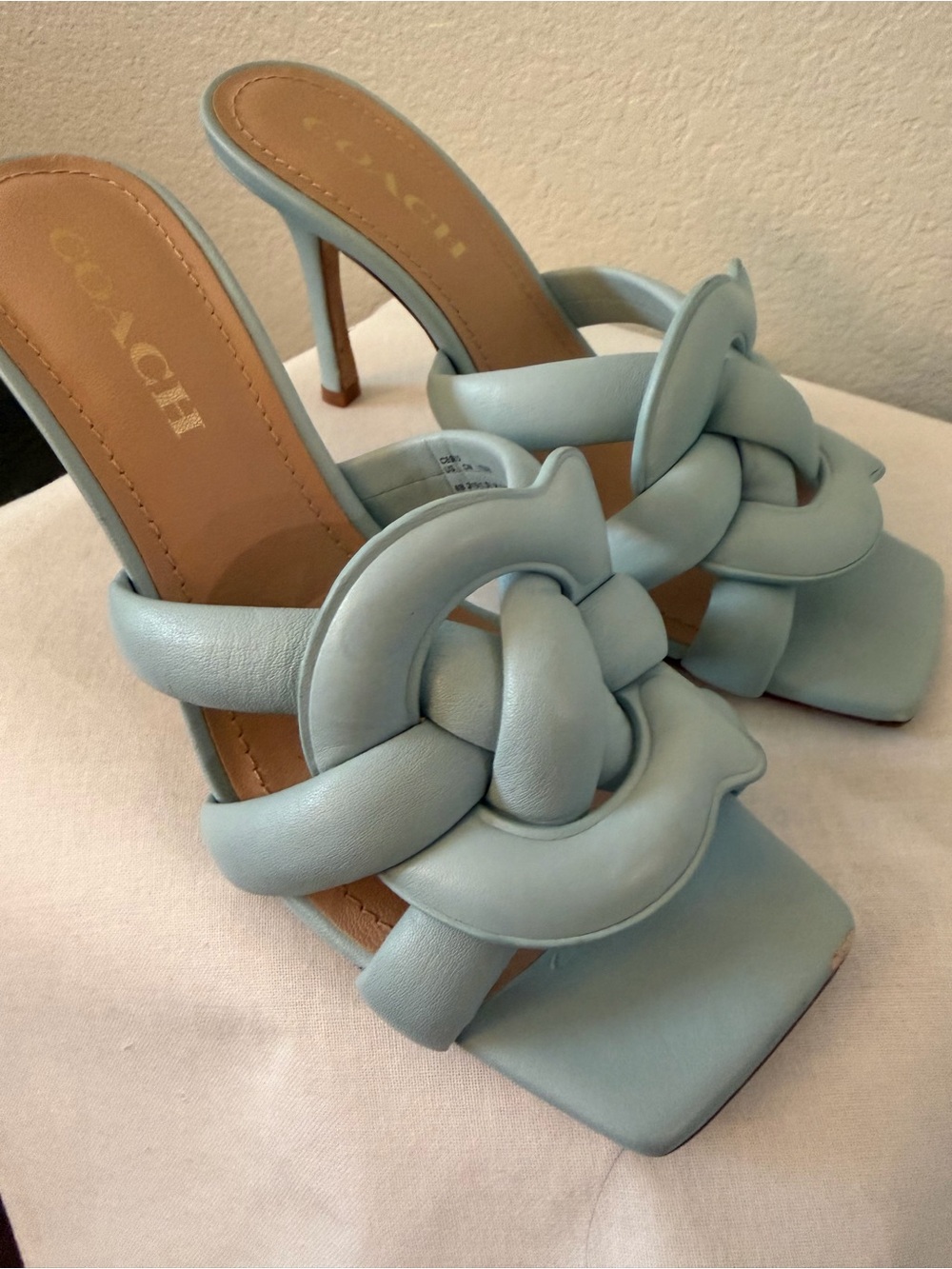 Coach Light Blue Knotted Leather Heeled Slide